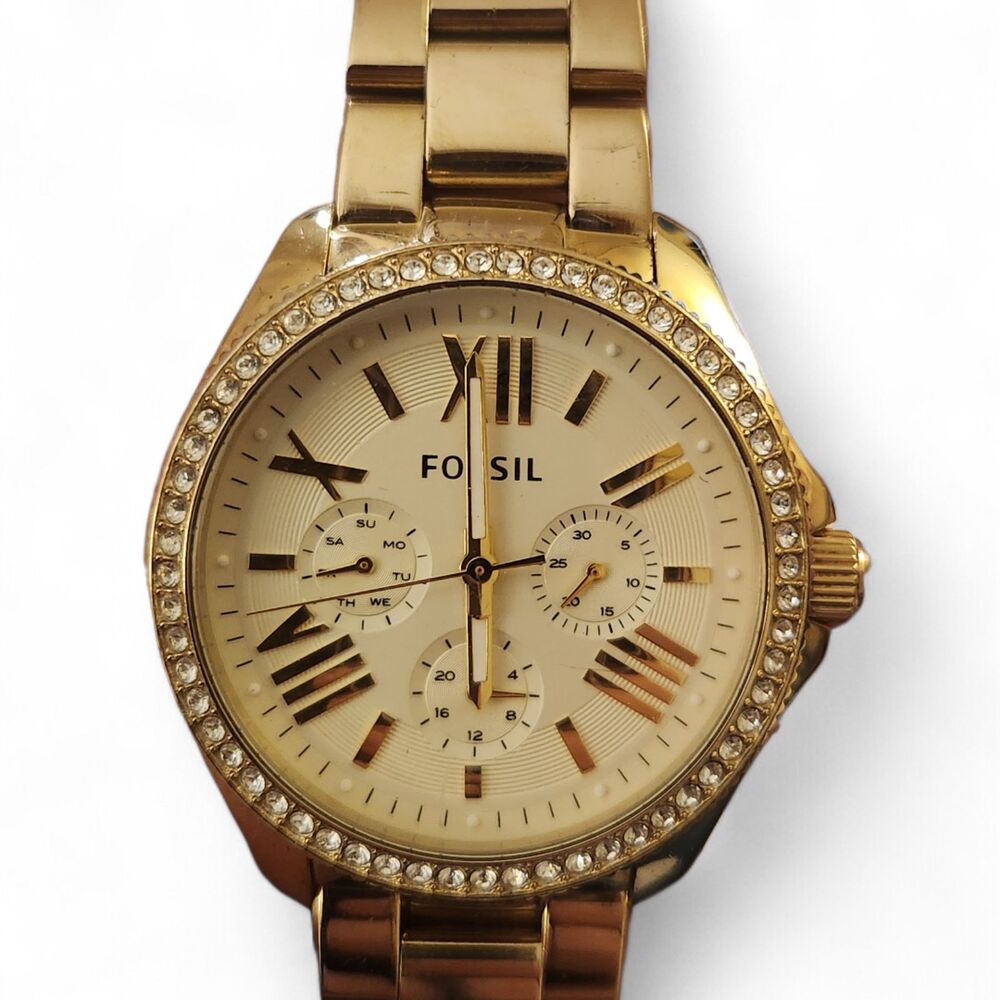 Fossil AM4482 Gold Crystal Bezel Multifunction Roman Dial Women's Watch